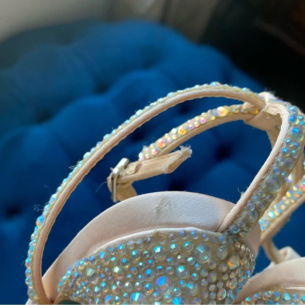 Betsey Johnson Nude Crystal Embellished T-Strap Heels